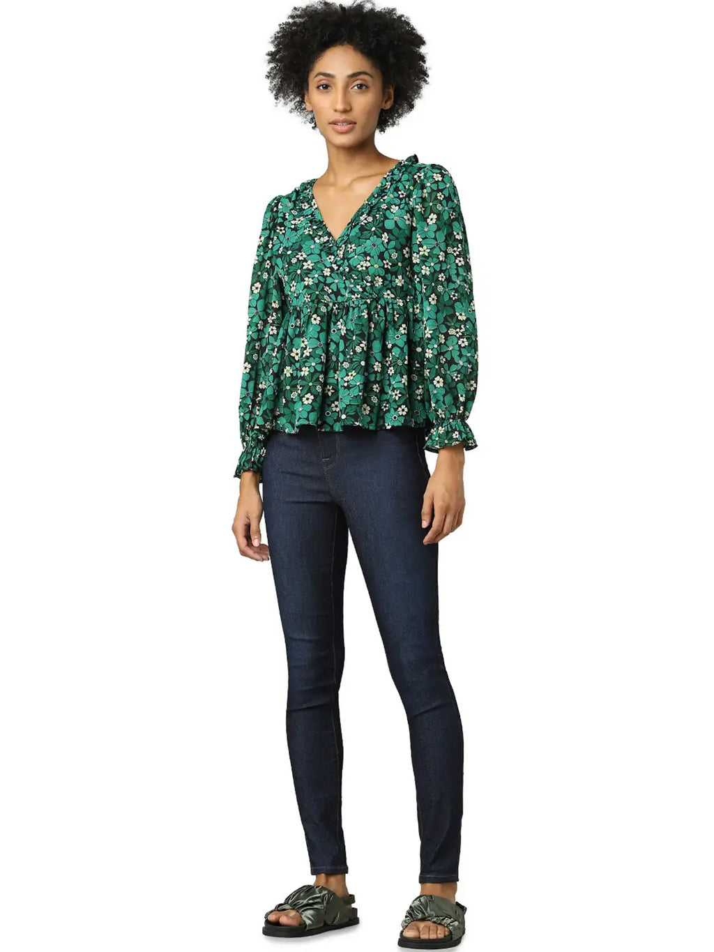 ONLY - Green Printed V Neck Peplum Top