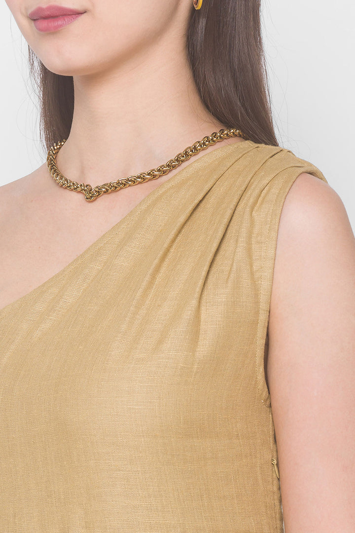 DHAAGA: Beige Organic Linen One Shoulder Iris Dress