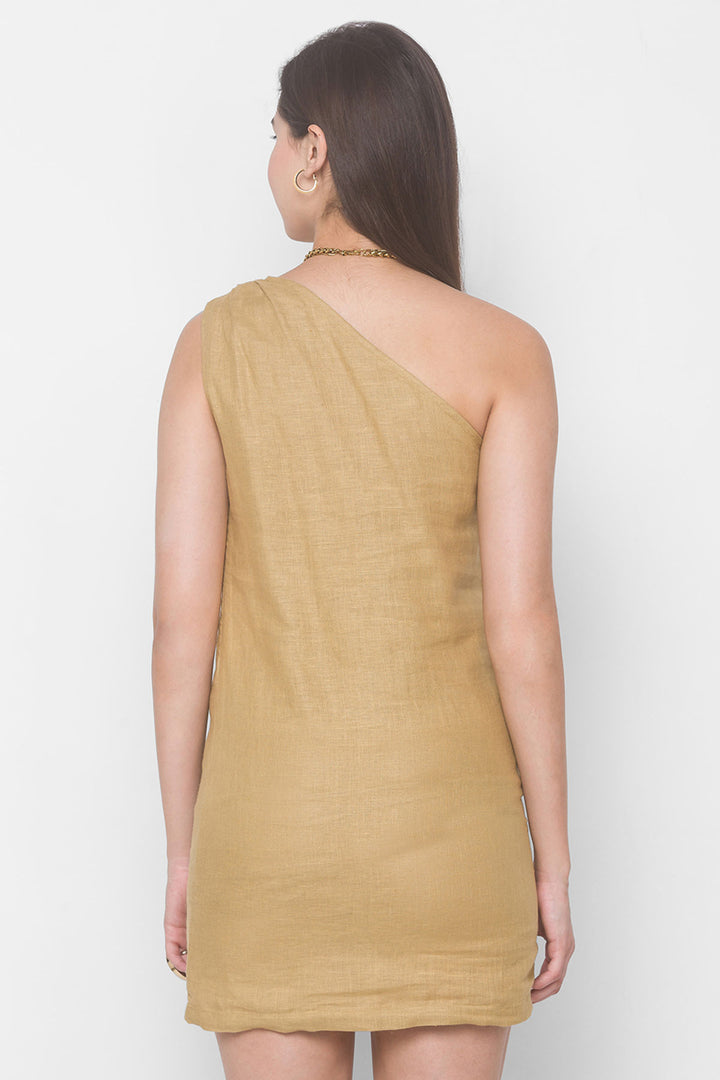 DHAAGA: Beige Organic Linen One Shoulder Iris Dress