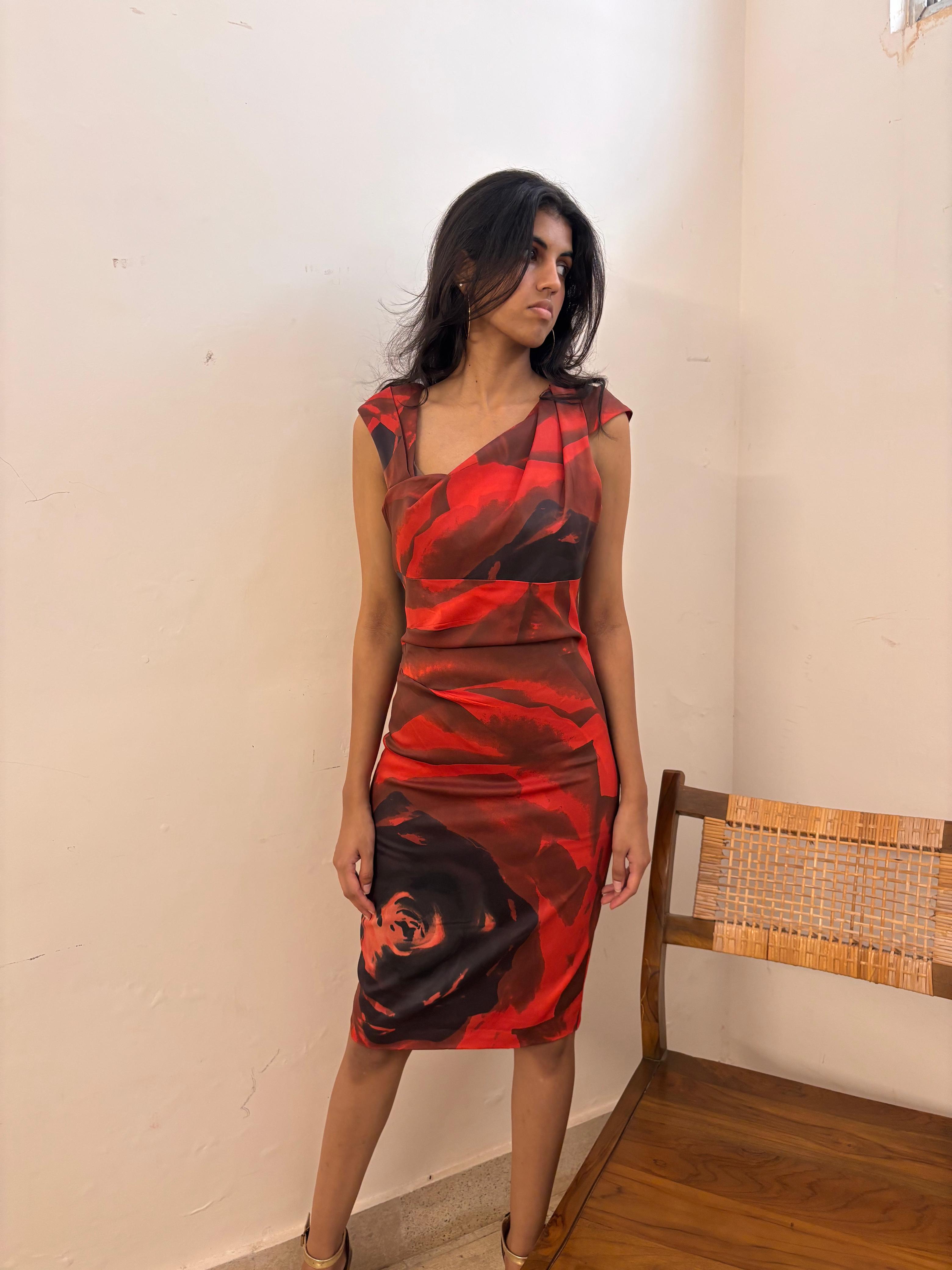 KAREN MILLEN - Red Asymmetrical Abstract Dress