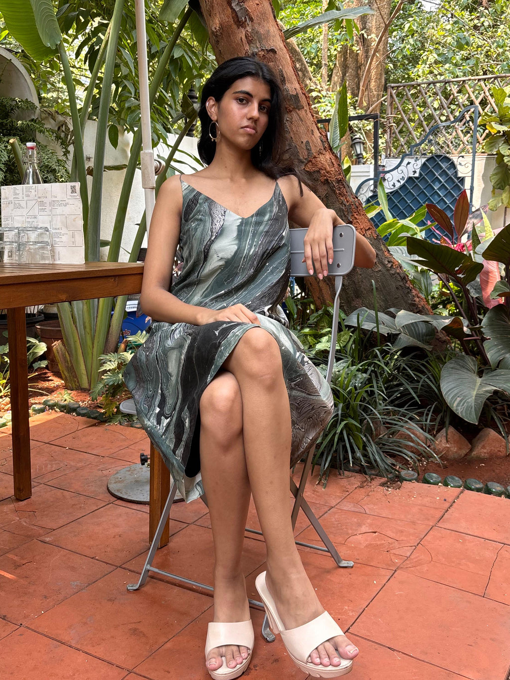 THE SUMMER HOUSE - Green-Grey Marbled Silk Dress