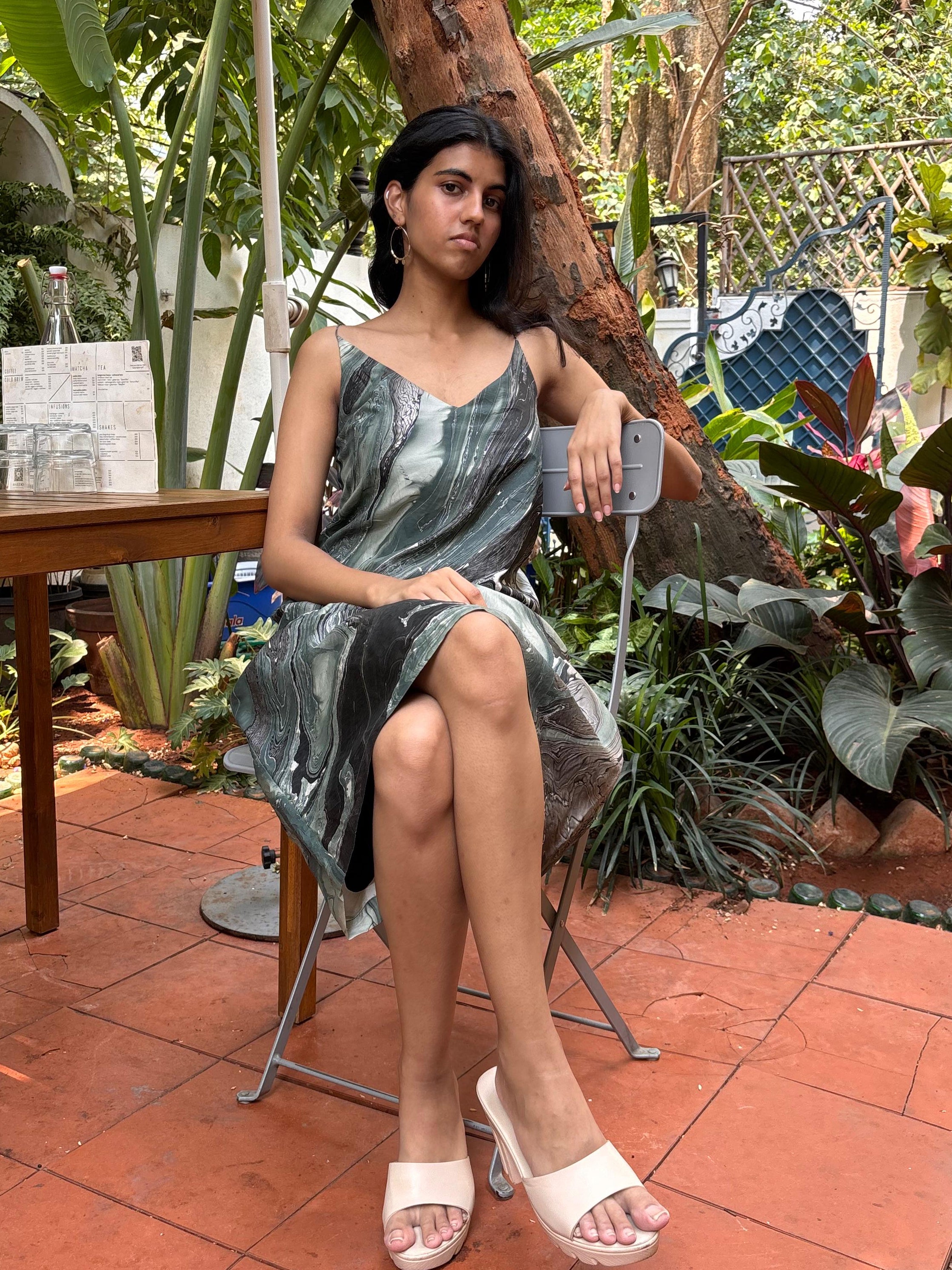 THE SUMMER HOUSE - Green-Grey Marbled Silk Dress