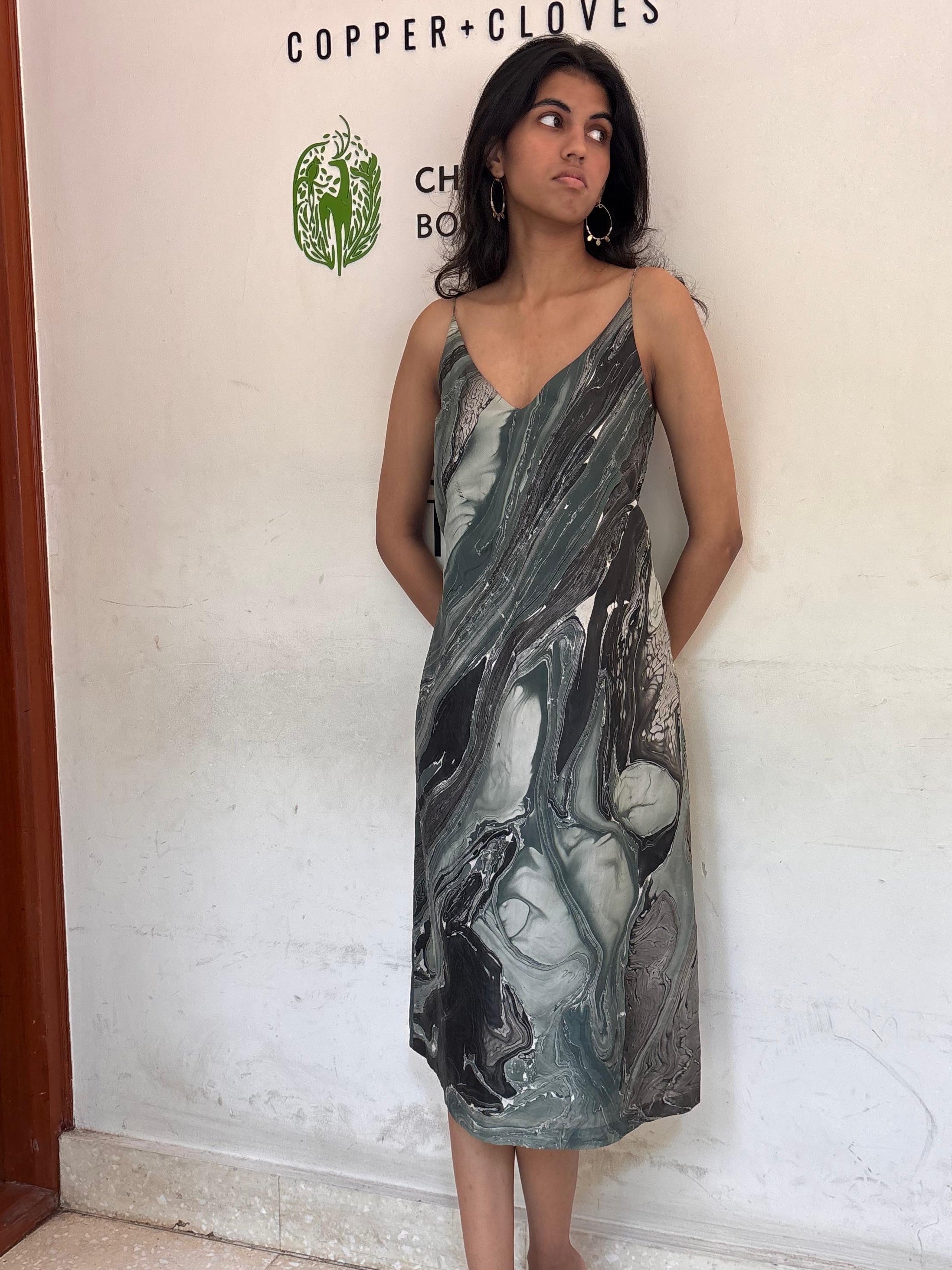 THE SUMMER HOUSE - Green-Grey Marbled Silk Dress