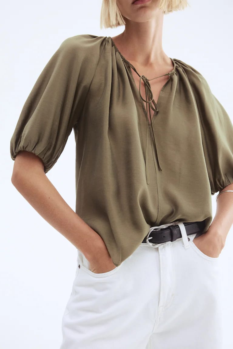 H&M - Khaki Balloon Sleeved Blouse