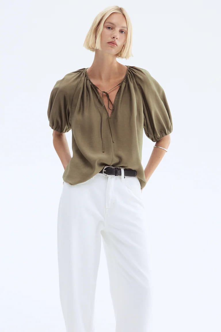 H&M - Khaki Balloon Sleeved Blouse