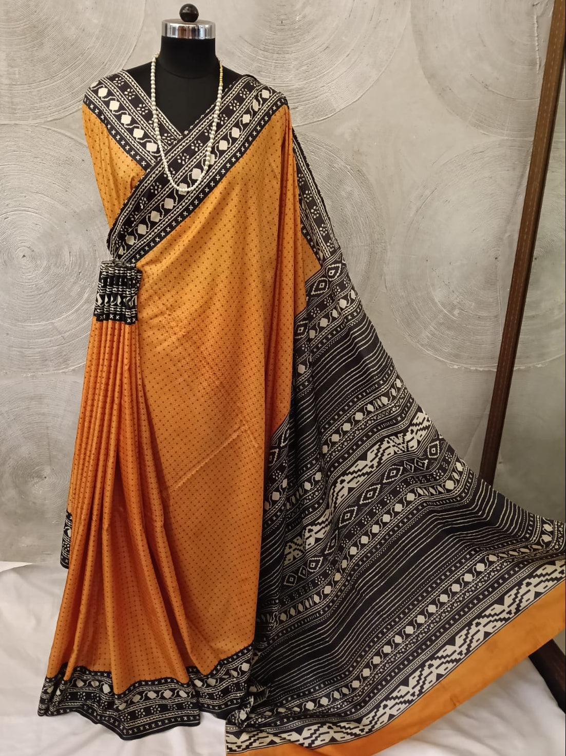 Mustard, Black and White Silk Sari