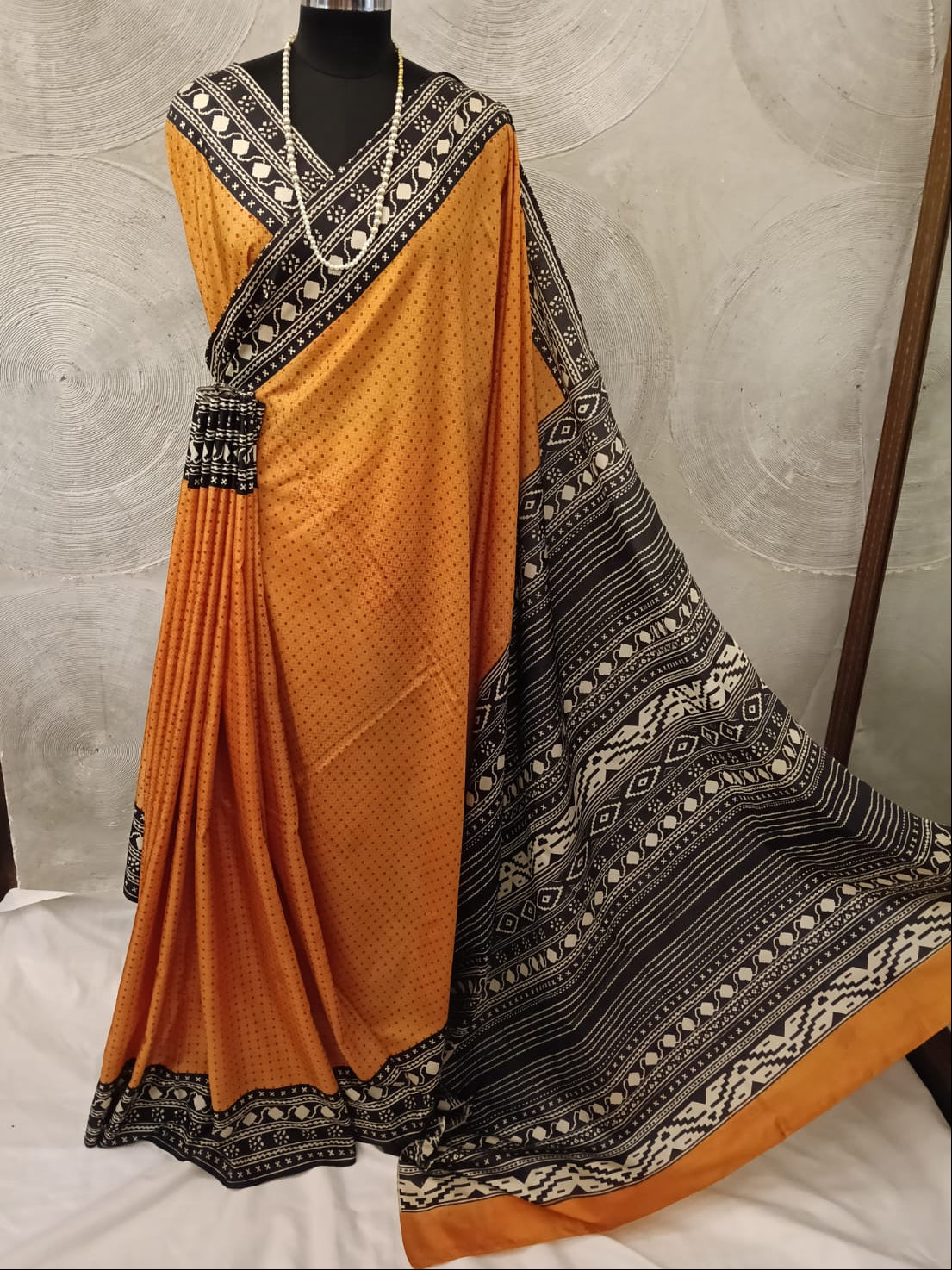 Mustard, Black and White Silk Sari