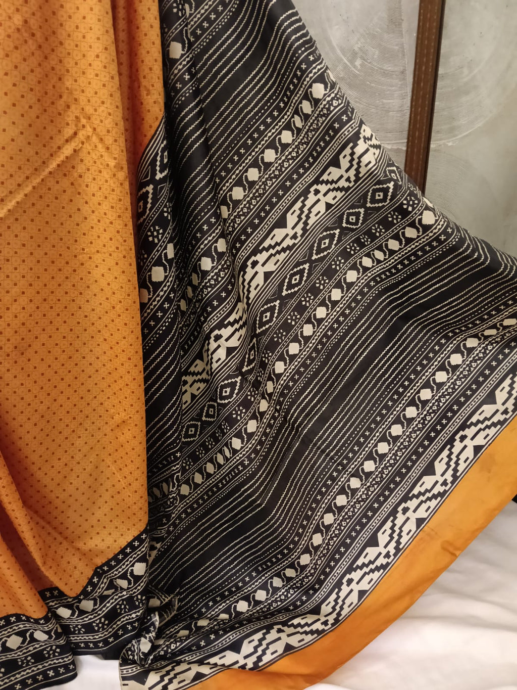 Mustard, Black and White Silk Sari