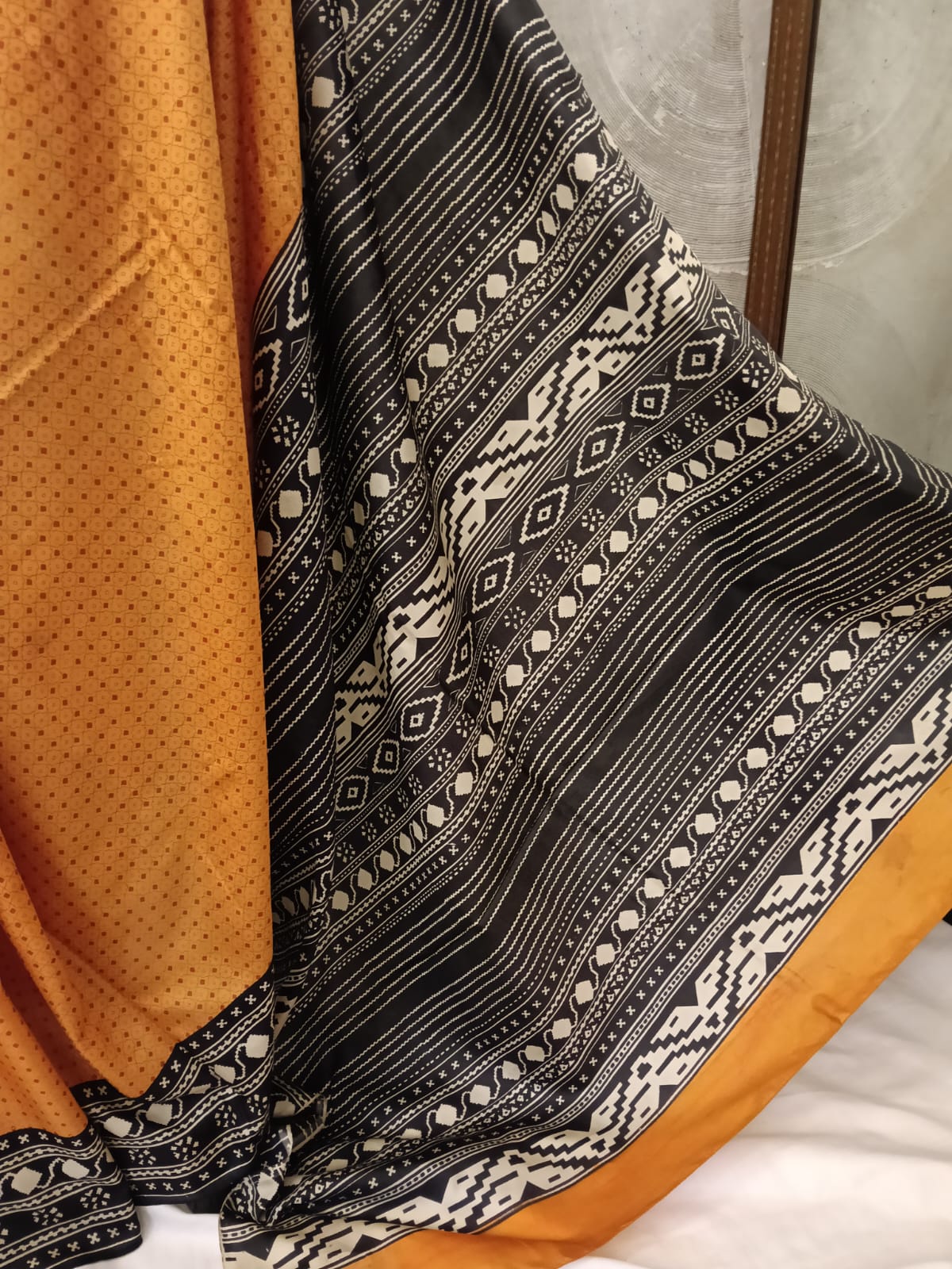 Mustard, Black and White Silk Sari