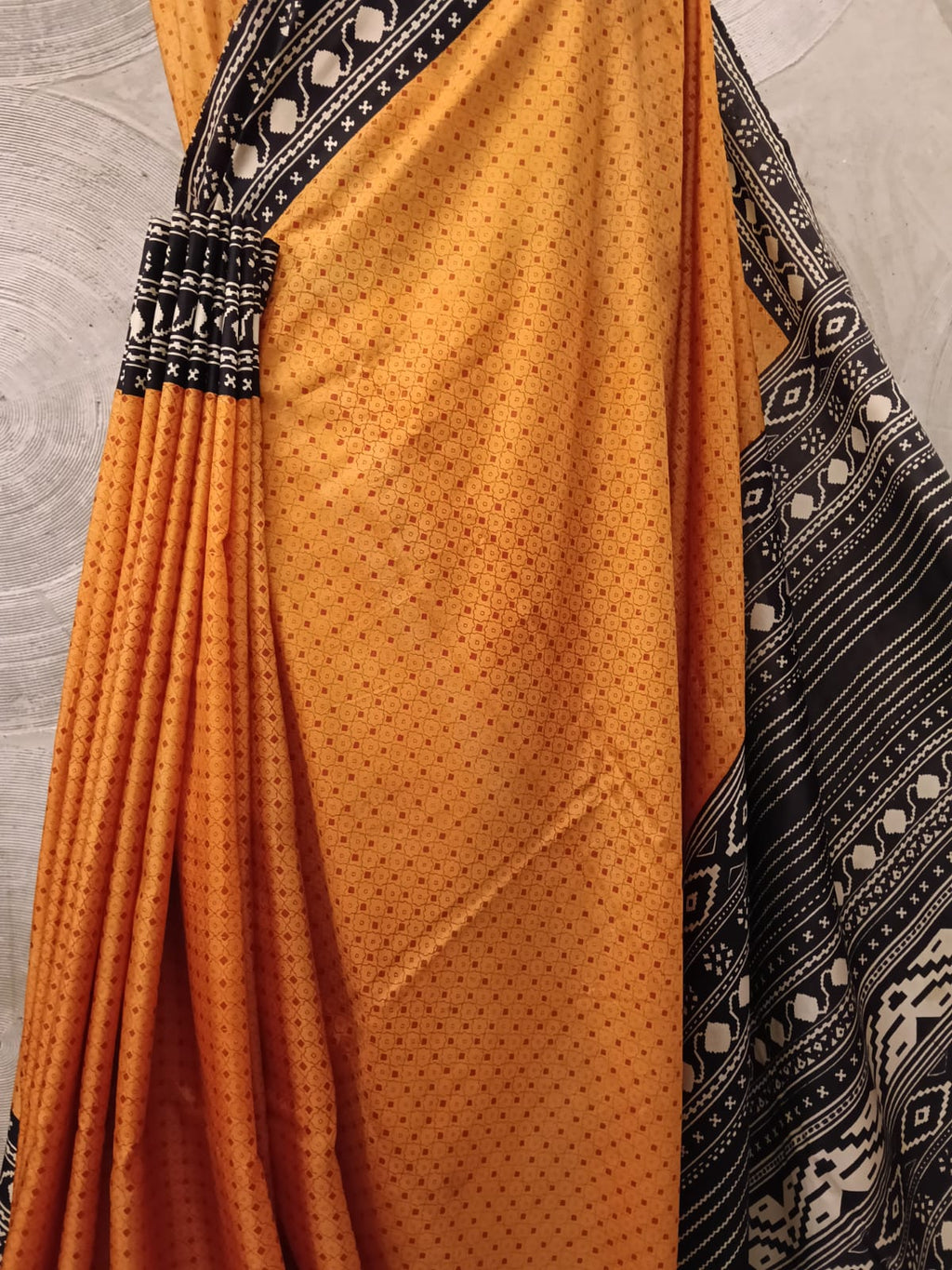 Mustard, Black and White Silk Sari