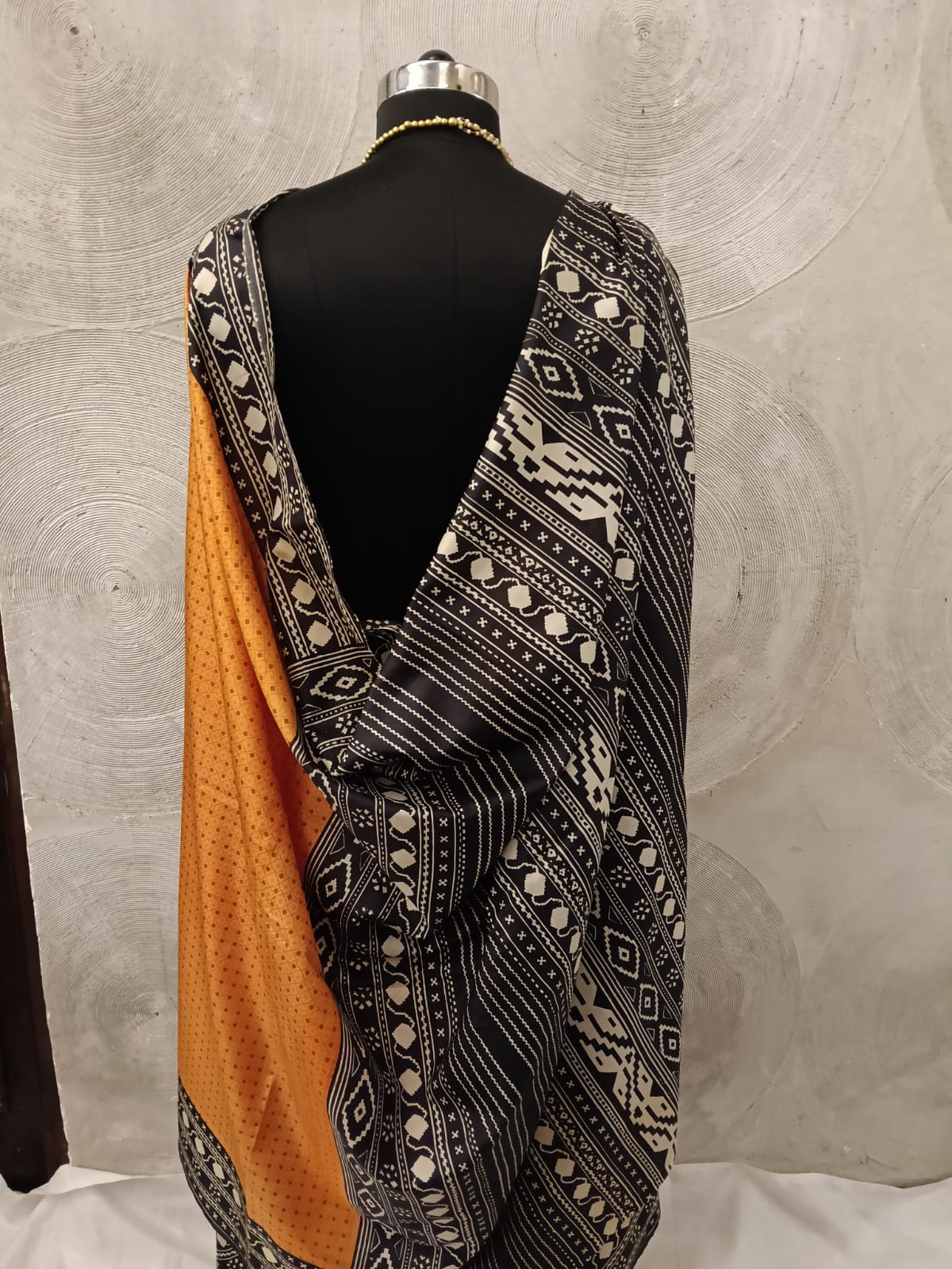 Mustard, Black and White Silk Sari