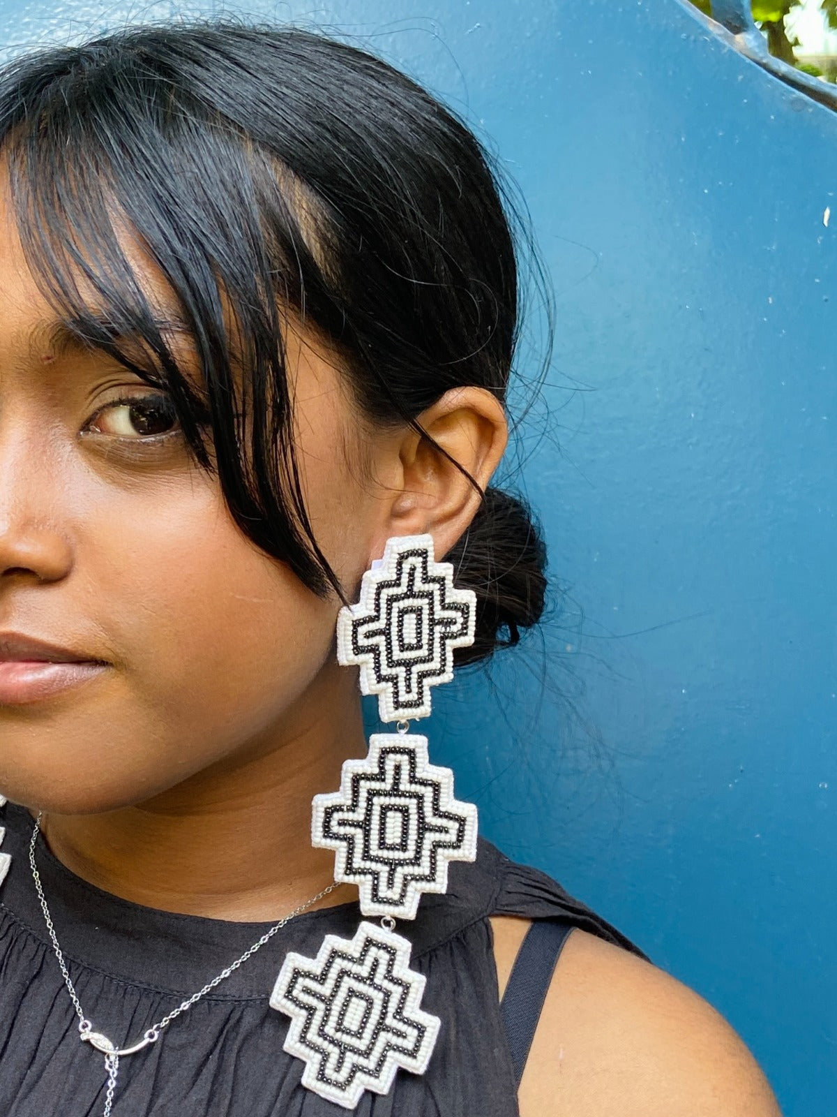 Abstract Black and White Beaded Earrings