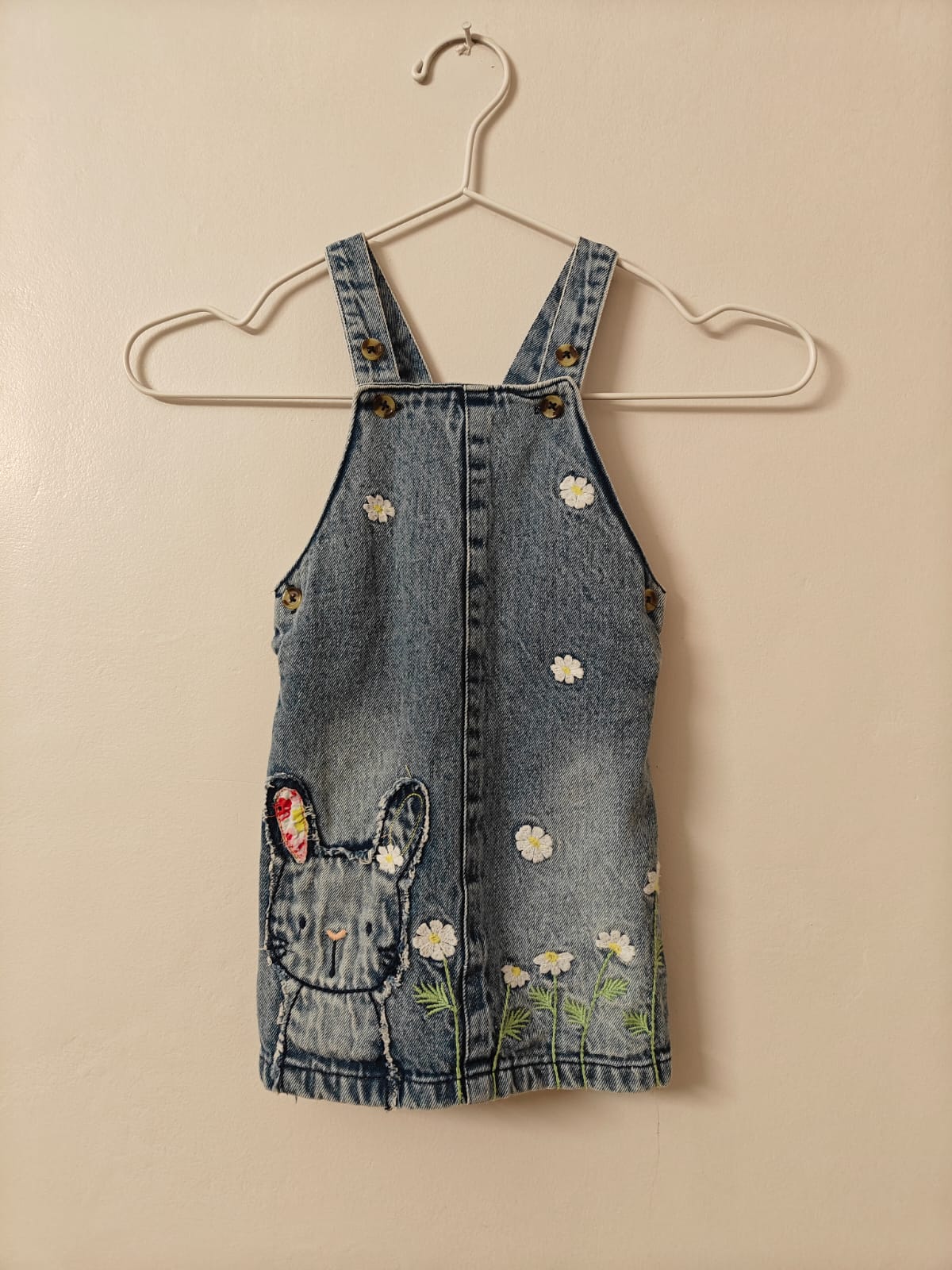 Embroidered Denim Overalls Dress