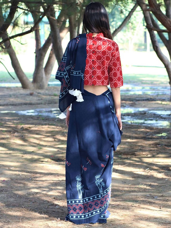 CHIDIYAA - Blue Dragonfly Mulmul Cotton Sari