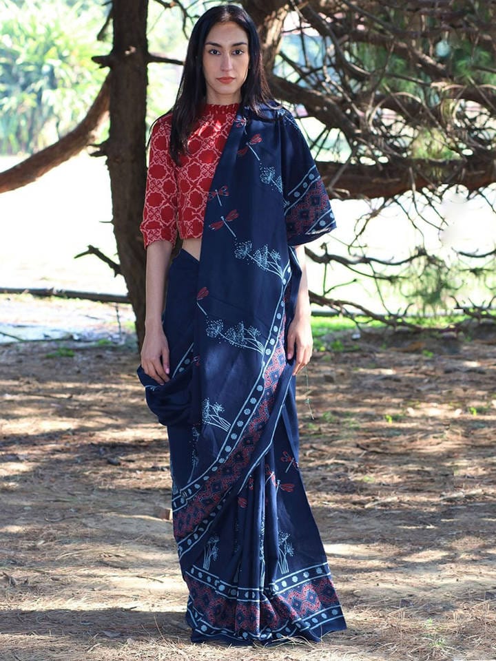 CHIDIYAA - Blue Dragonfly Mulmul Cotton Sari