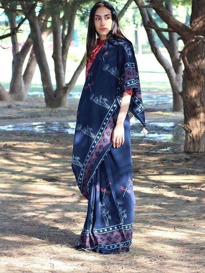 CHIDIYAA - Blue Dragonfly Mulmul Cotton Sari
