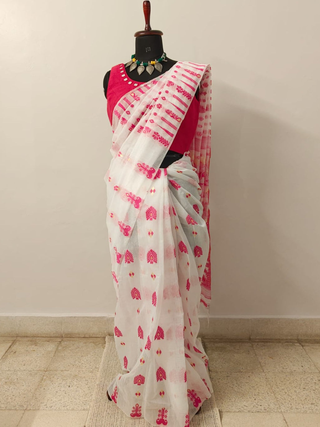 White And Pink Jamdani Sari