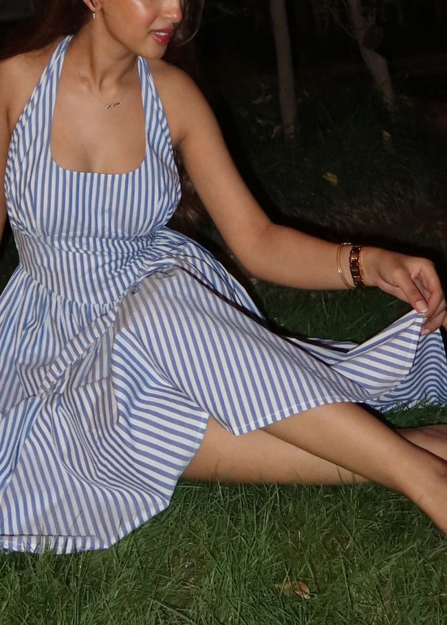 DIAMOND LADY - Striped Blue Halter Neck Dres
