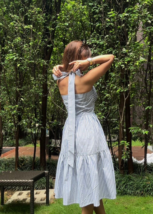DIAMOND LADY - Striped Blue Halter Neck Dres