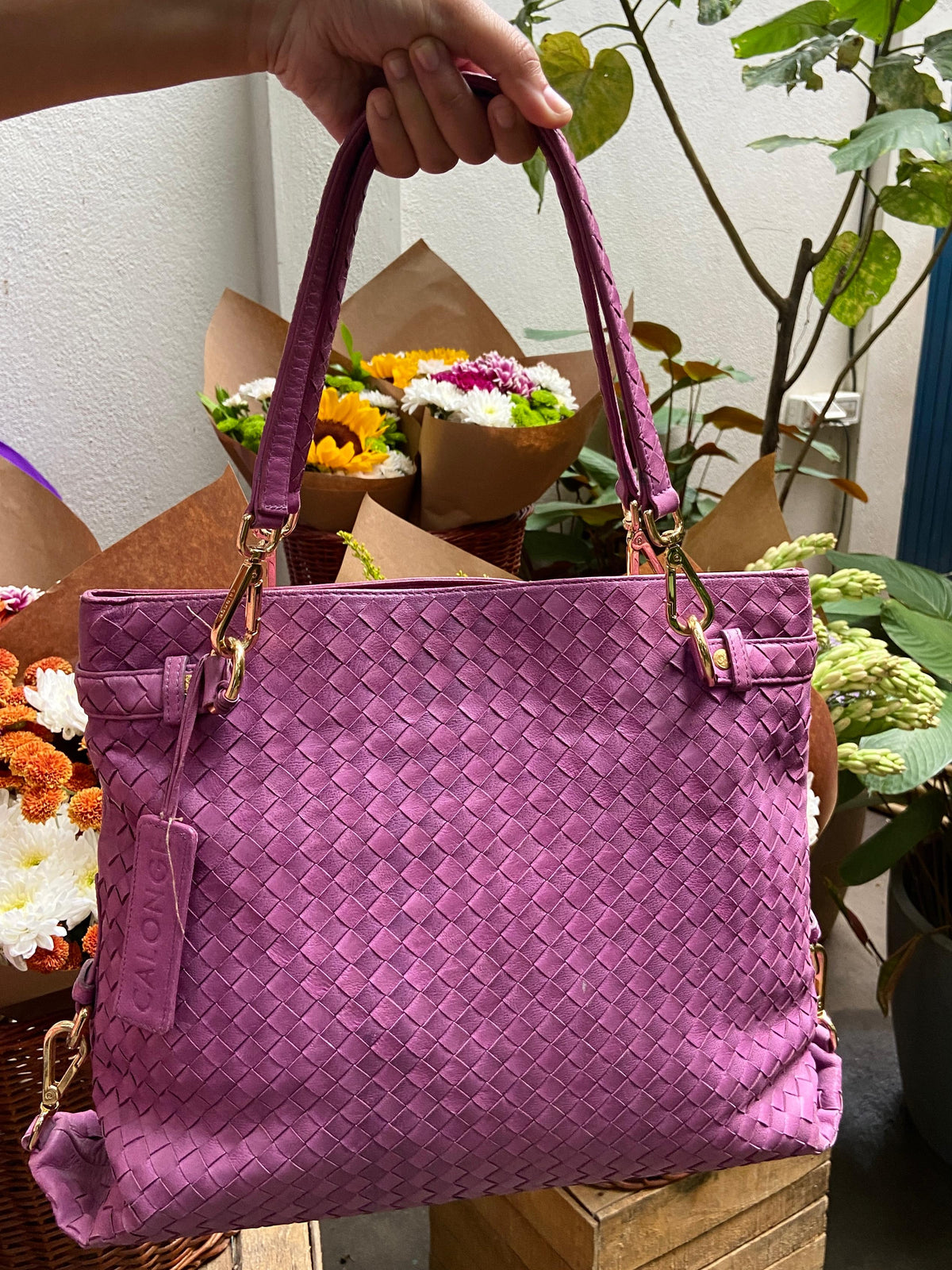 CALONGE - Mauve Woven Leather Handbag