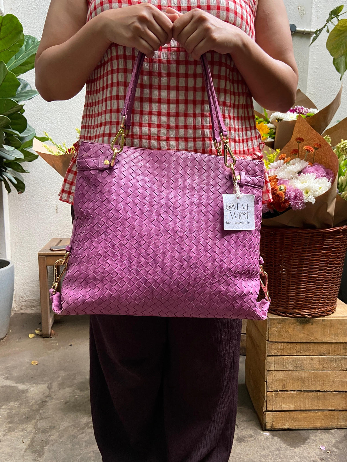CALONGE - Mauve Woven Leather Handbag