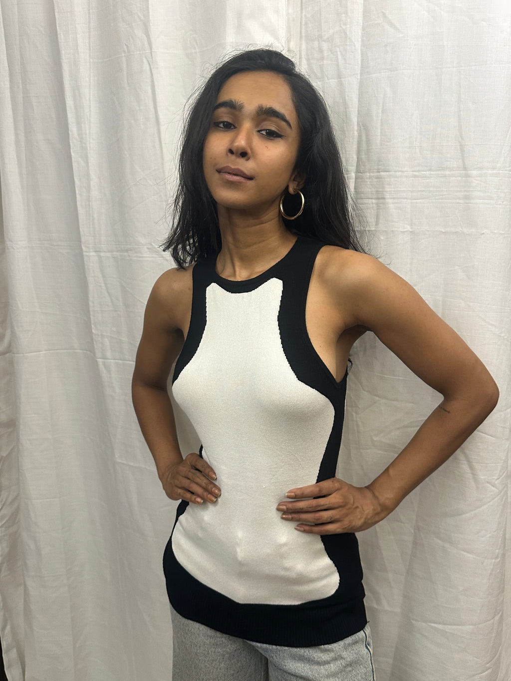BEBE - White and Black Sleeveless Tank Top