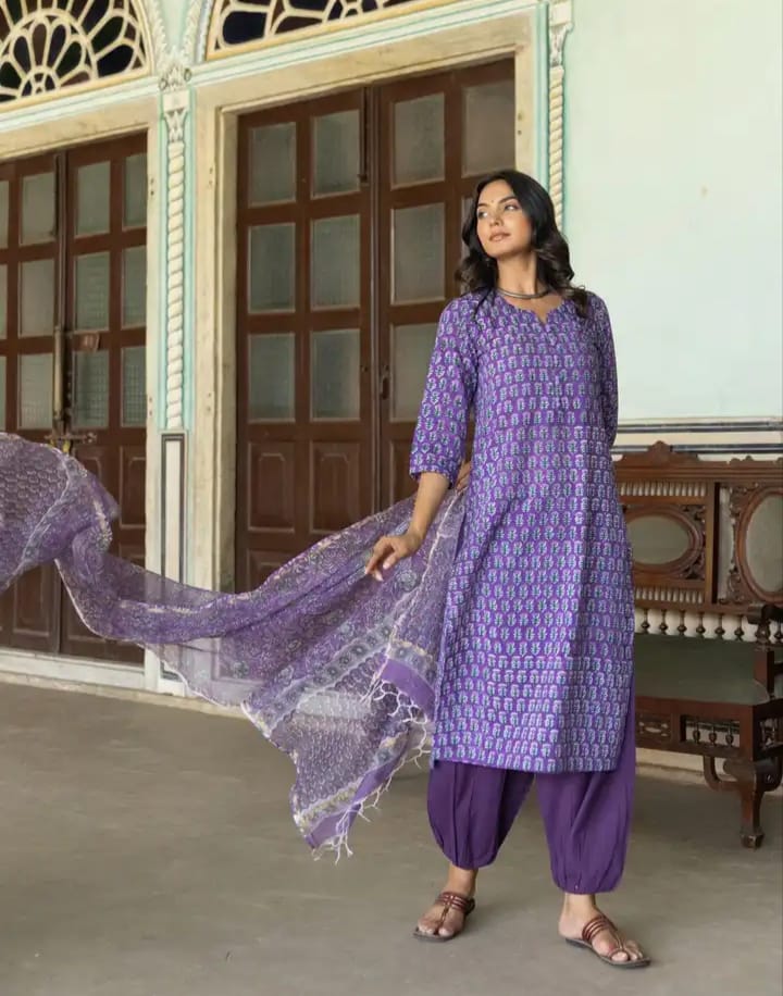 THE ETHNIC LABEL - Purple Hand Block Printed Cotton Kurta