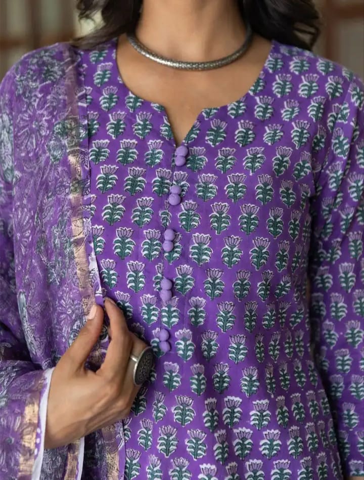 THE ETHNIC LABEL - Purple Hand Block Printed Cotton Kurta