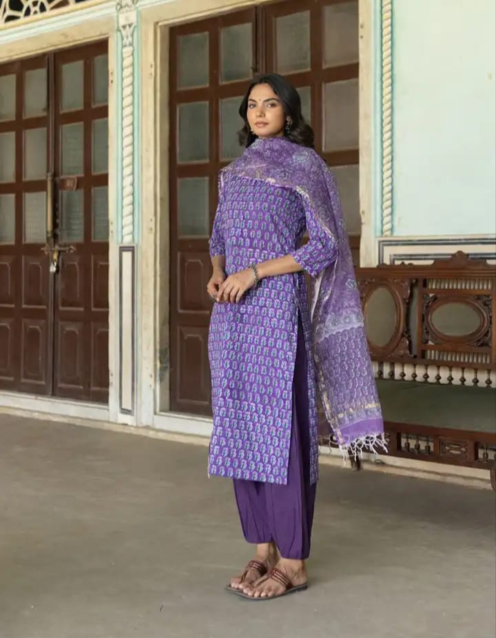 THE ETHNIC LABEL - Purple Hand Block Printed Cotton Kurta