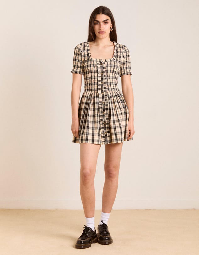 DAMSON - Beige And Black,Red Checkered Detailed Mini Dress