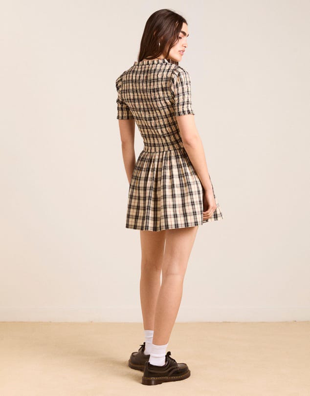 DAMSON - Beige And Black,Red Checkered Detailed Mini Dress