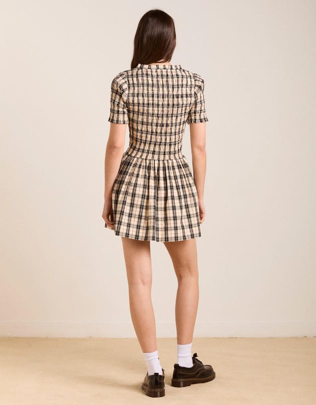 DAMSON - Beige And Black,Red Checkered Detailed Mini Dress
