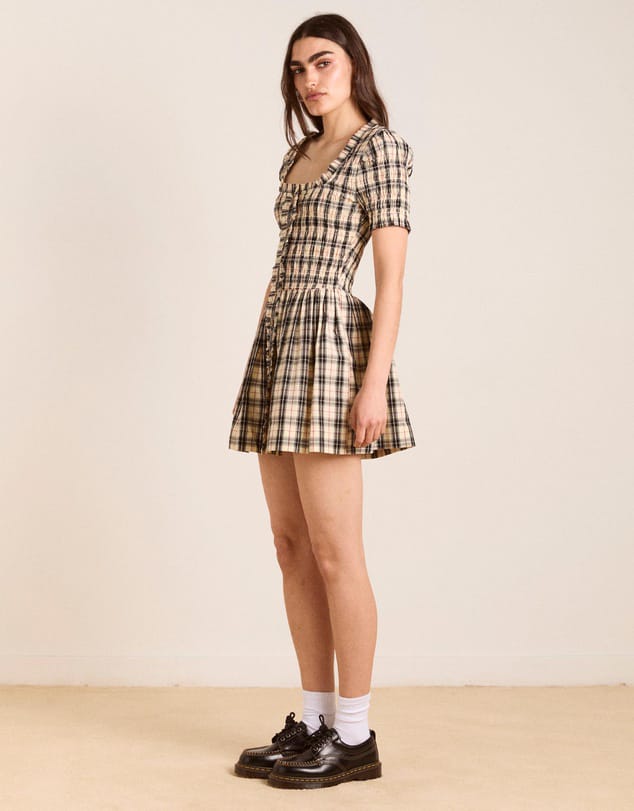 DAMSON - Beige And Black,Red Checkered Detailed Mini Dress