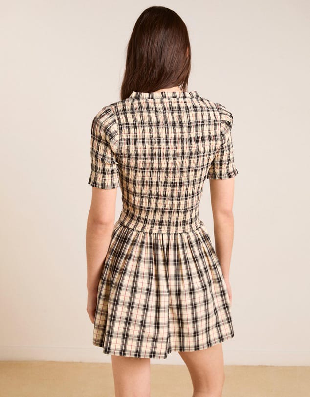DAMSON - Beige And Black,Red Checkered Detailed Mini Dress