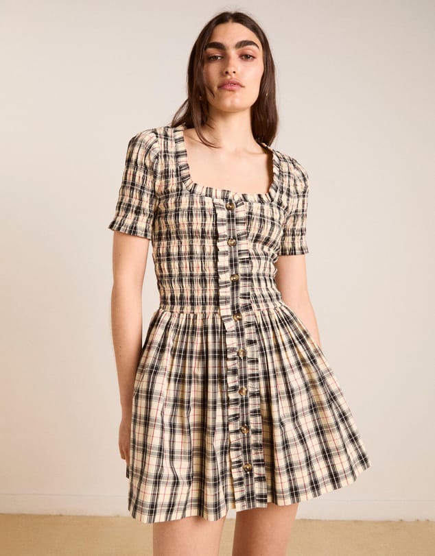 DAMSON - Beige And Black,Red Checkered Detailed Mini Dress
