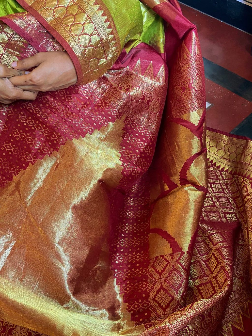Lime green, maroon and gold tissue sari