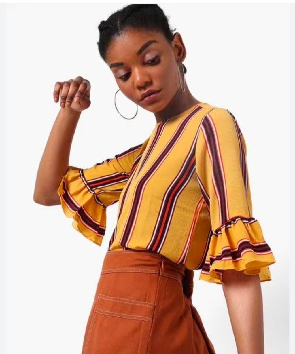 AND - Mustard Yellow & Burgundy striped Bell Sleeves Top