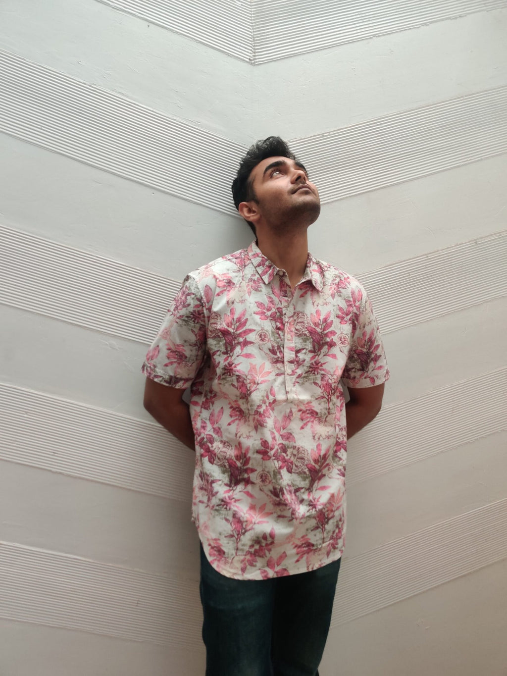 LALOFT- White and Pink Leaf Print Shirt