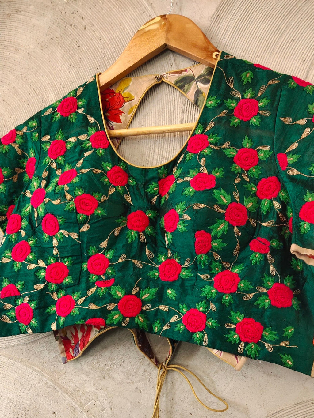 Green Silk Blouse with Pink Embroidered Roses - Semi-Stitched
