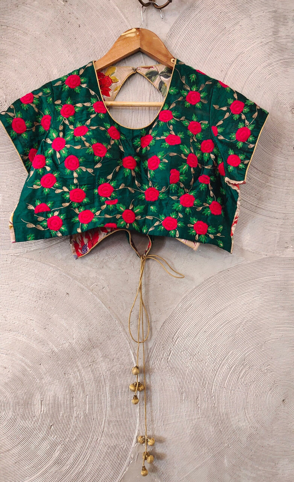 Green Silk Blouse with Pink Embroidered Roses - Semi-Stitched