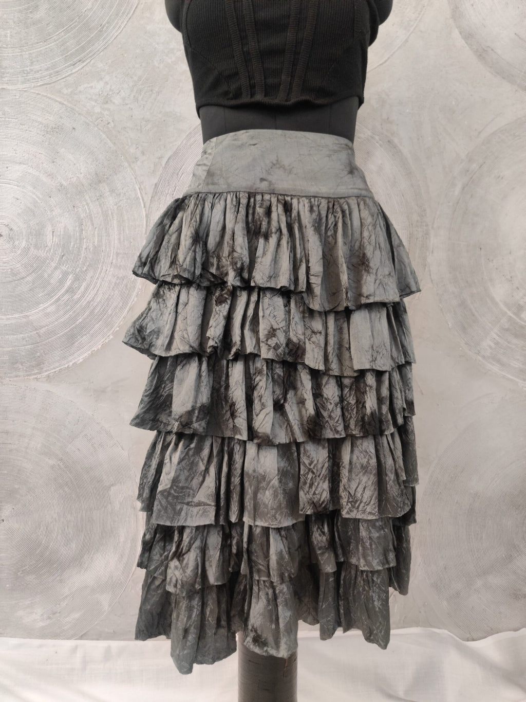 Steel Grey-Green Shaded Silk Tiered Skirt