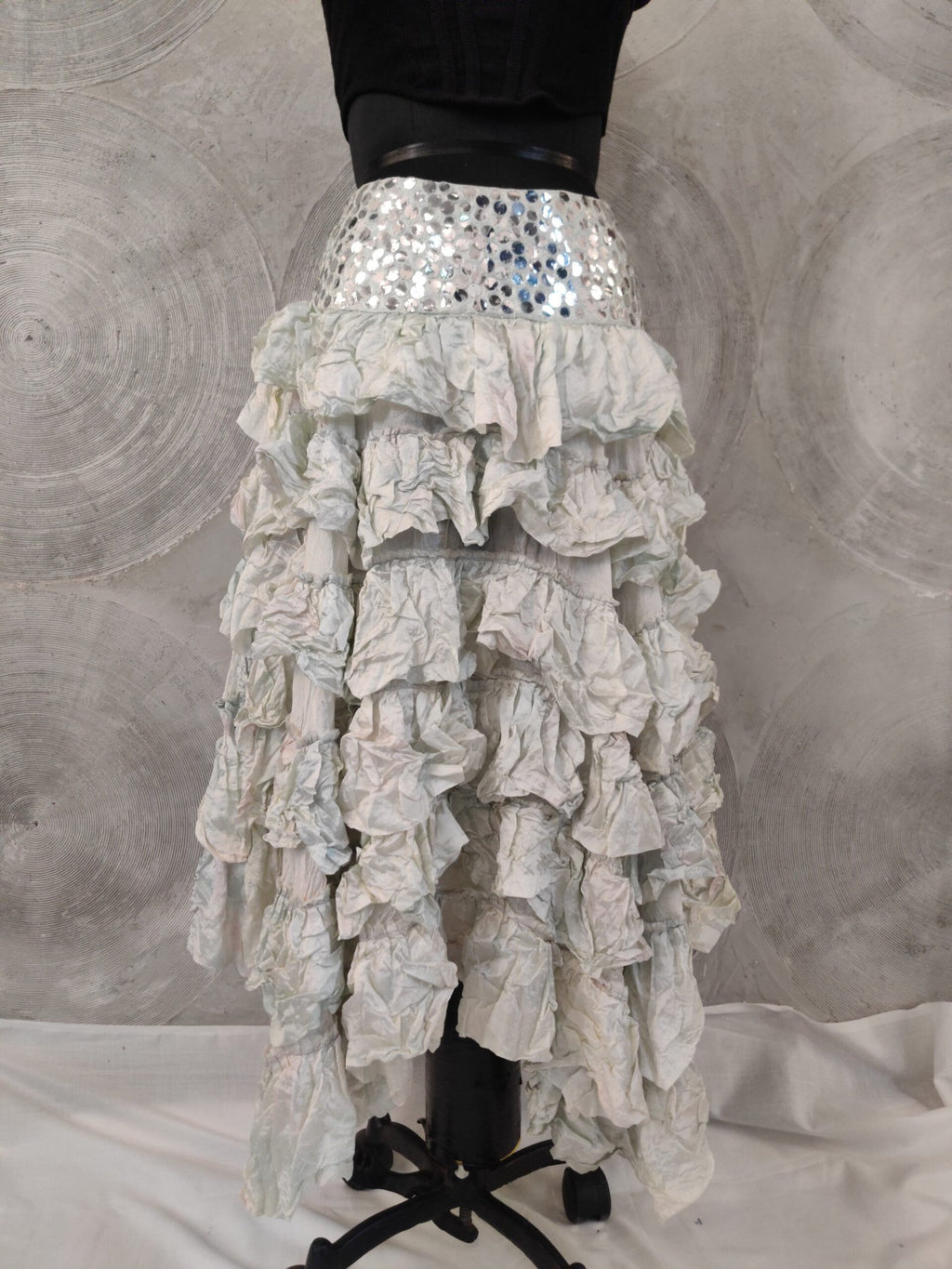 Light Green Silk High-Low Hem Skirt with Sequinned Waistband