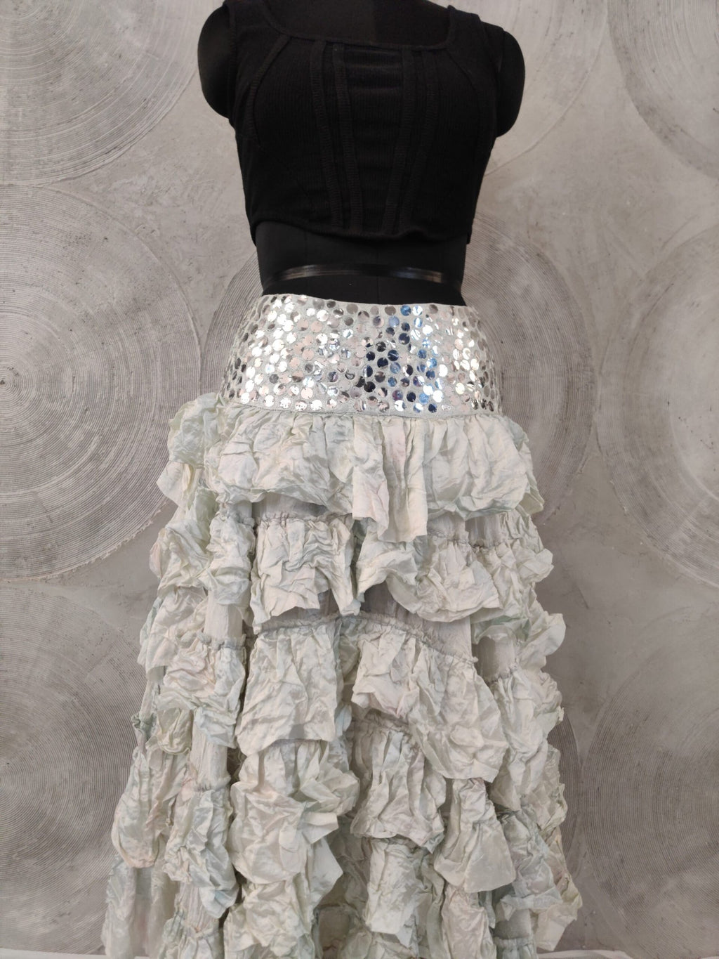 Light Green Silk High-Low Hem Skirt with Sequinned Waistband