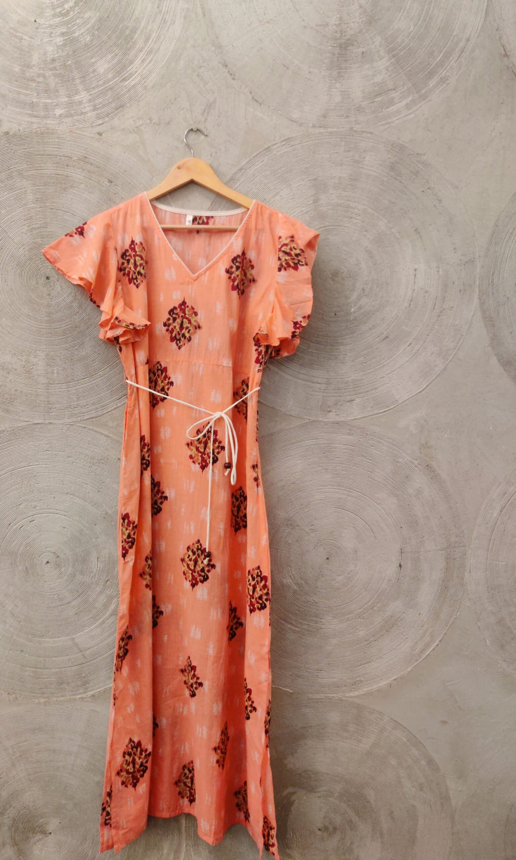 Peach Long dress with Block Print
