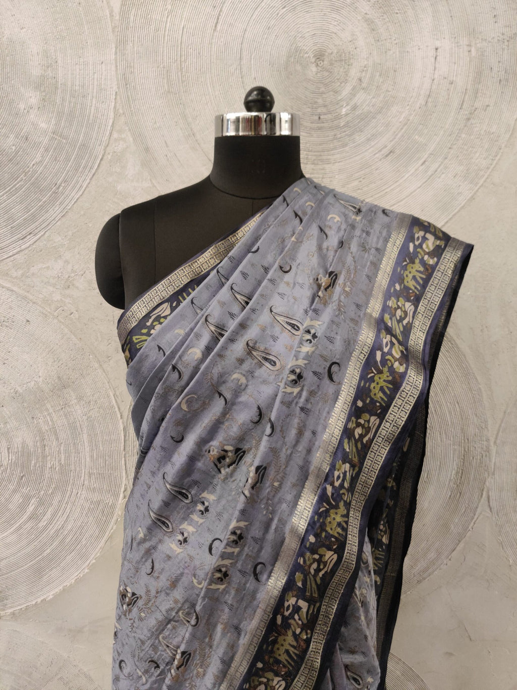 Blue Printed Sari with Zari Border