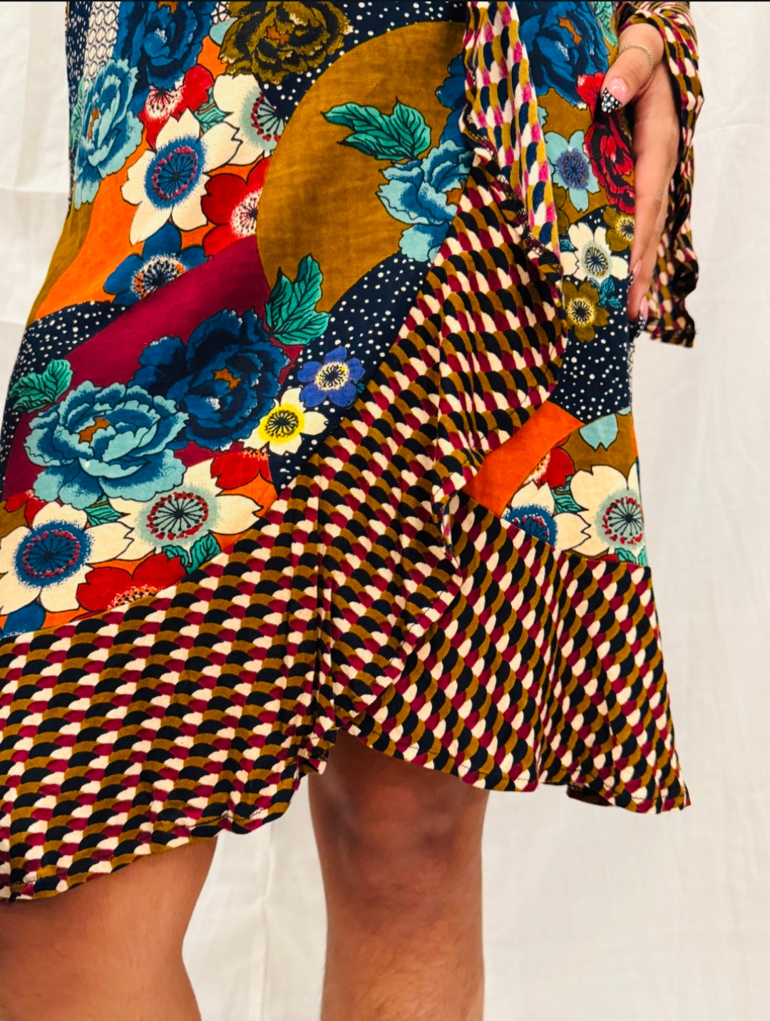 Brown, Blue and Maroon Colorful Dress with Frills