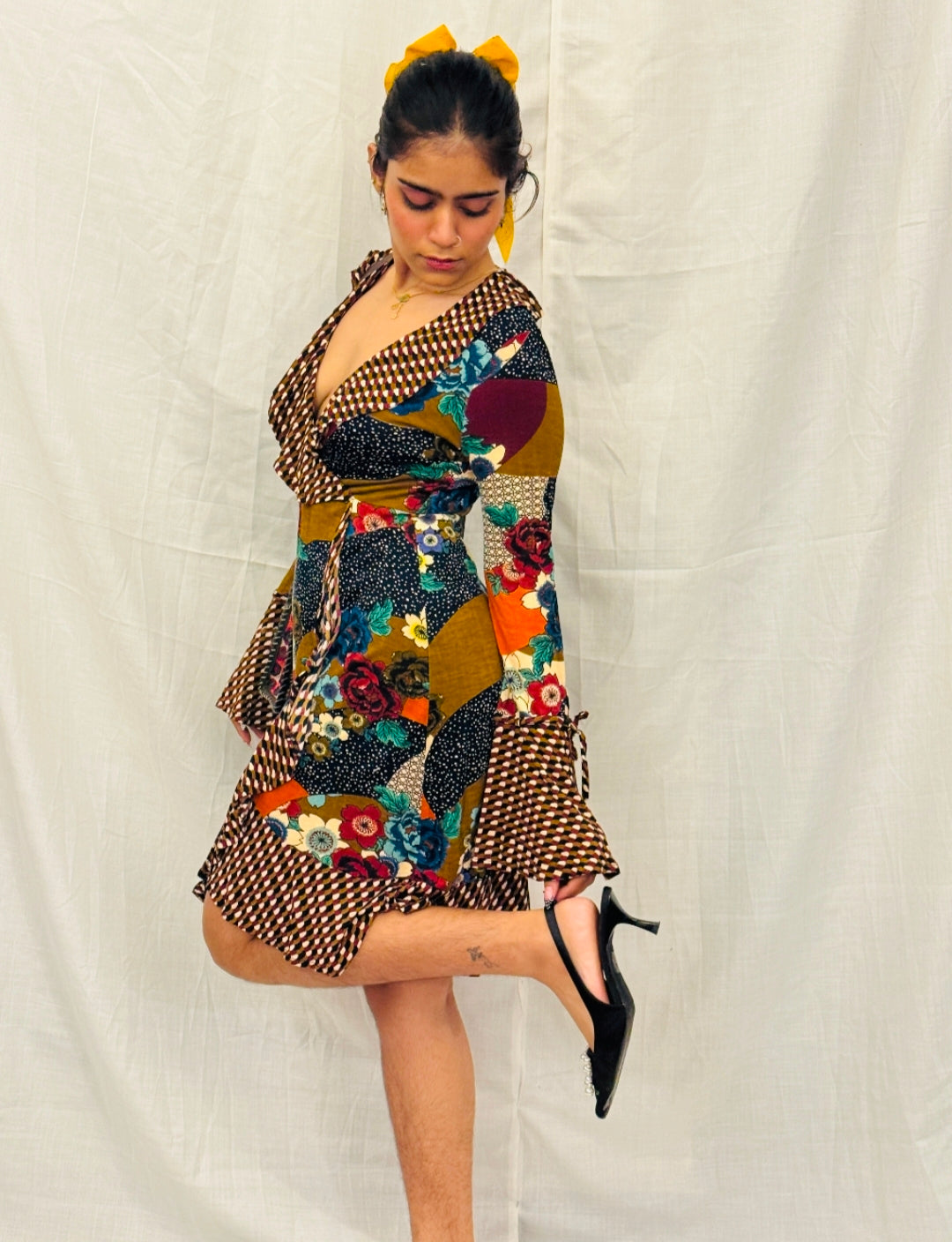 Brown, Blue and Maroon Colorful Dress with Frills