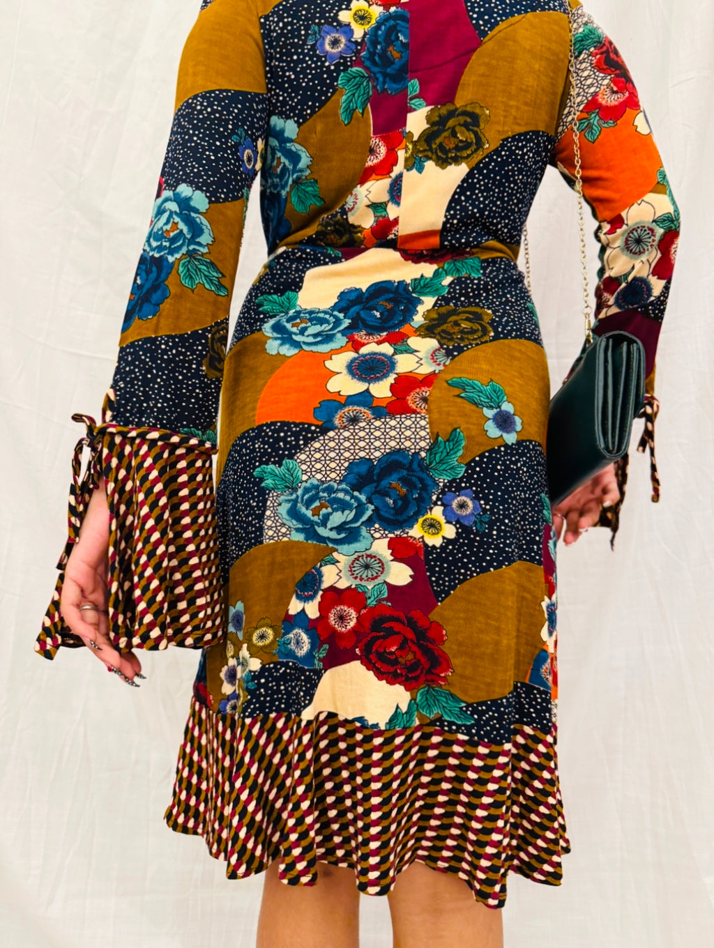 Brown, Blue and Maroon Colorful Dress with Frills