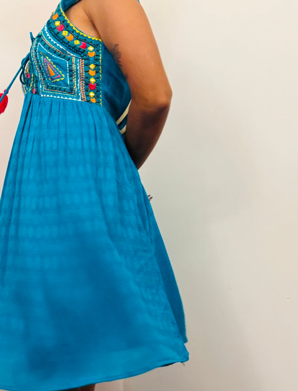 Blue Embroidered Knee Length Dress