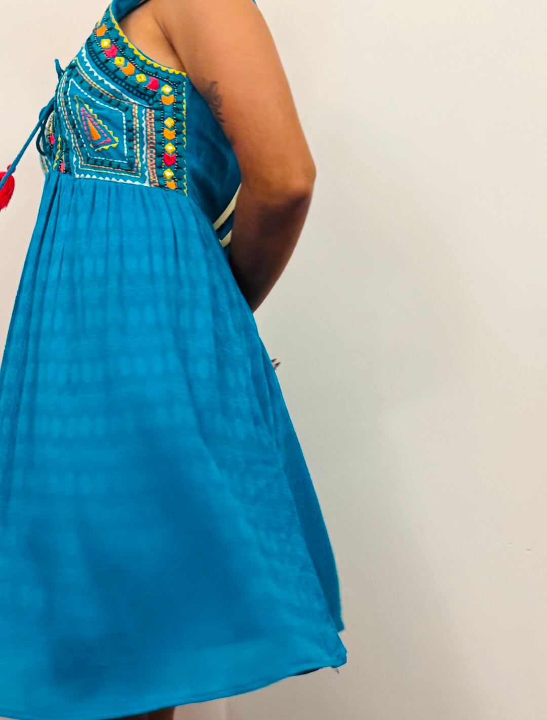 Blue Embroidered Knee Length Dress